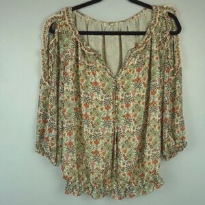 Max Studio Open Shoulder Cream Rust & Green Floral Sheer‎ Blouse Size Medium